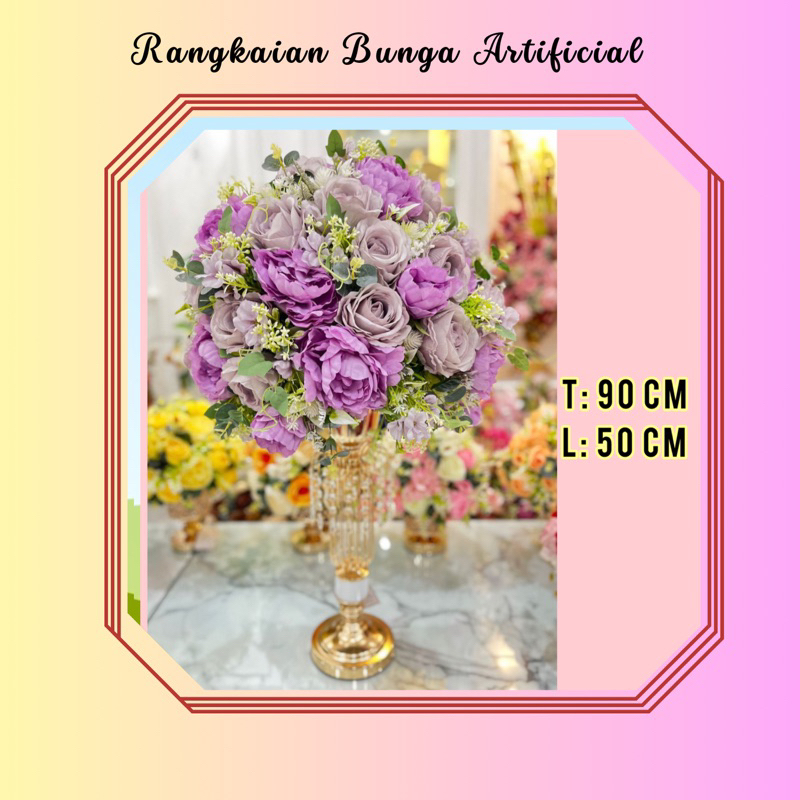 Rangkaian Bunga Artificial Vas Gold Bunga Nuansa Ungu