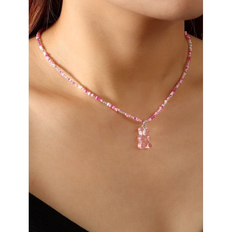 Random Color Bear Charm BeadedNecklace