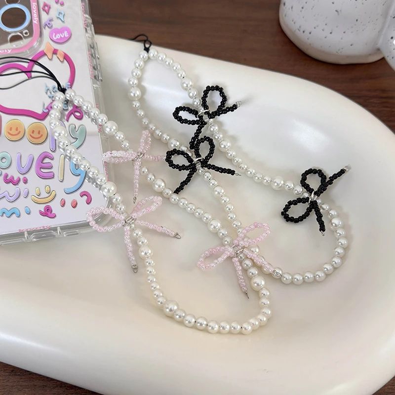 3D Black Pink Bowknot BeadedPhone Chain