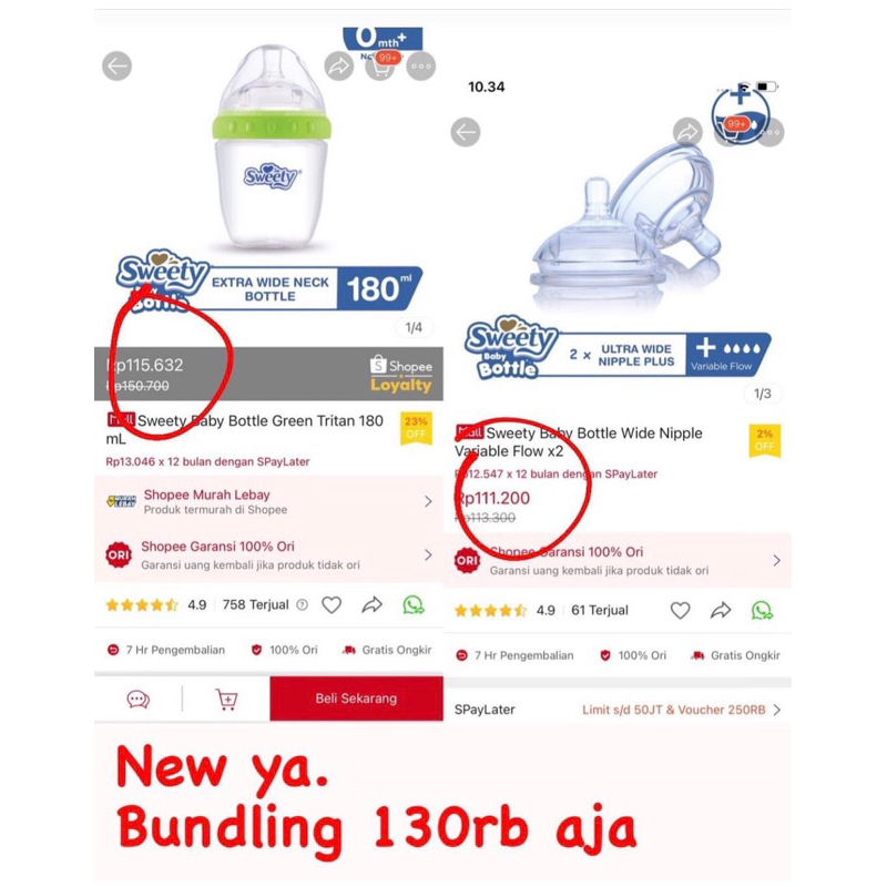 SWEETY WIDE NECK BOTTLE EX KADO NEW WITH NIPPLE VARIABLE FLOW