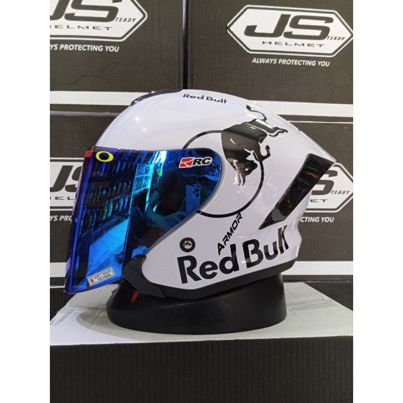 HELM HALF FACE JS ARMOR SOLID WHITE RED BULL PAKET GANTENG