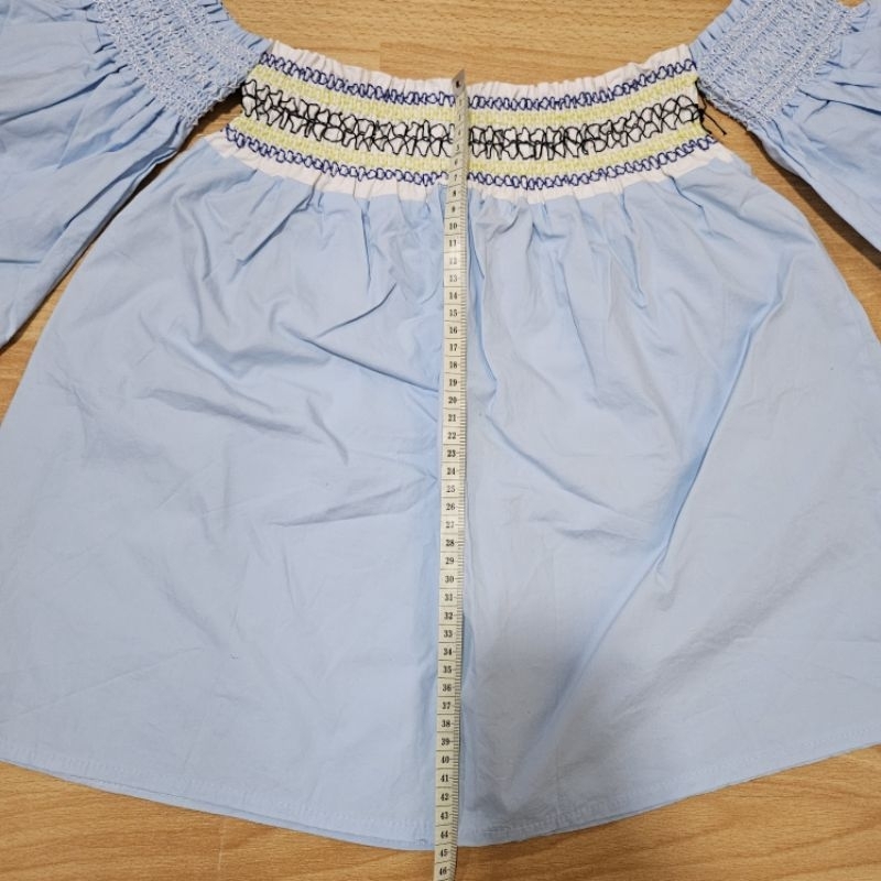 off shoulder blue ruffled embroidered sabrina