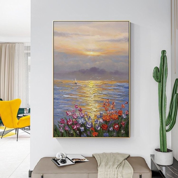 lukisan abstrak cantik laut sunset bunga bunga