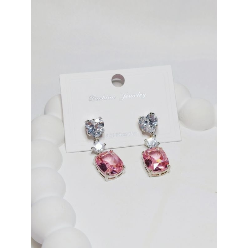 Douyin Earring Pink Stone Silver Anting Perak