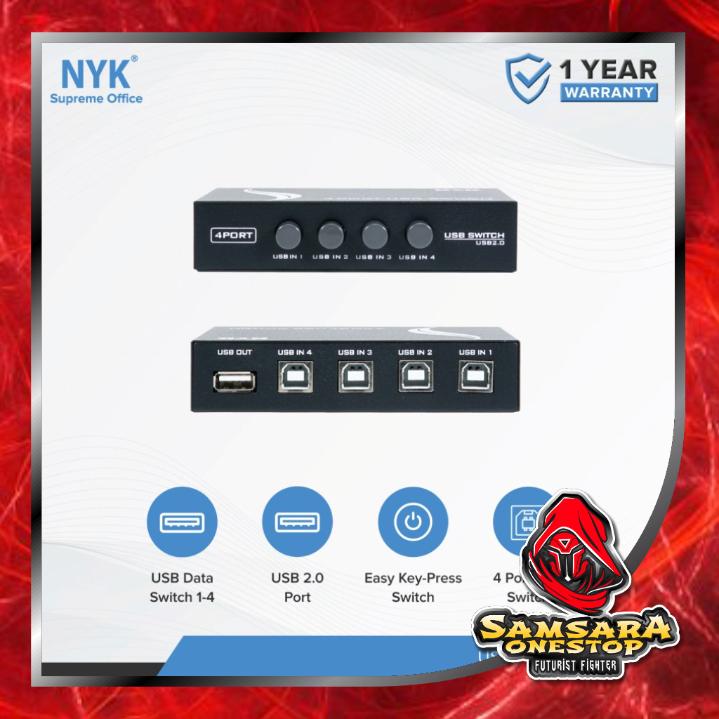 NYK Manual Switch Printer 4 Port Data Switcher 1-4 Usb