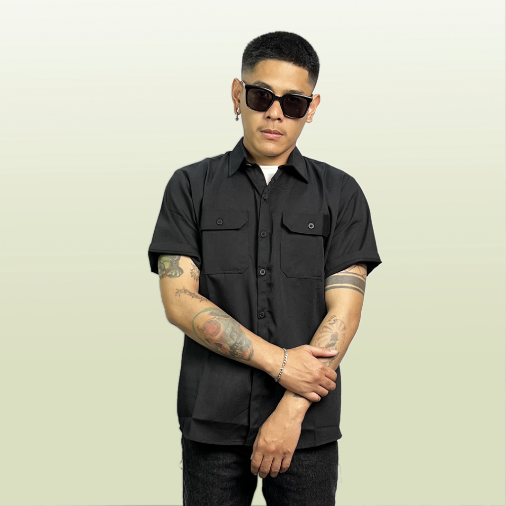 SMOKE Workshirt Kemeja Hitam Hijau - SOLID