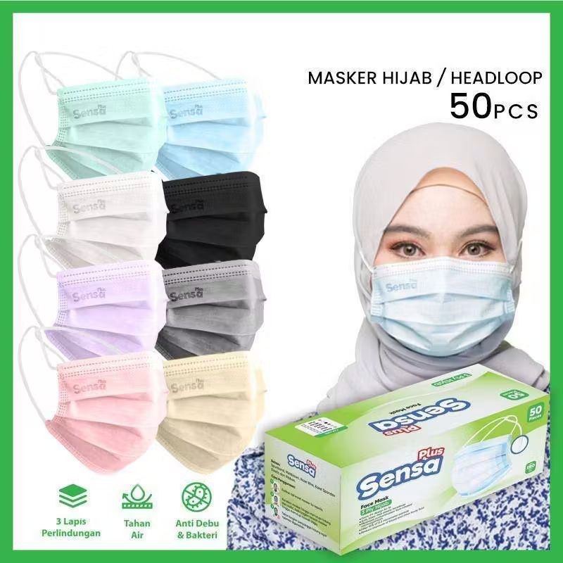 MASKER EARLOOP HEADLOP 3PLY SENSA PLUS 1BOX ISI 50pcs(HEADLOOP DAN EARLOOP)