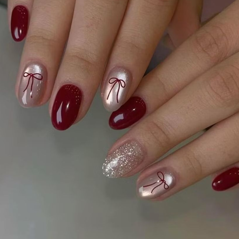 Press on nails maroon silver