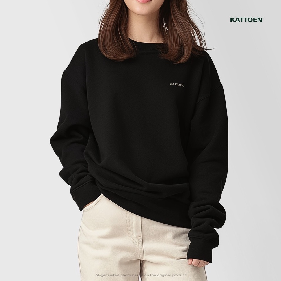 KODE O6F Kattoen Crewneck Sweater Oversize Solid Black