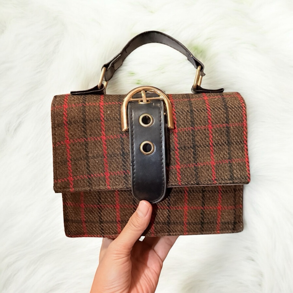 Tas Sling Handbag Grid Brown pattern
