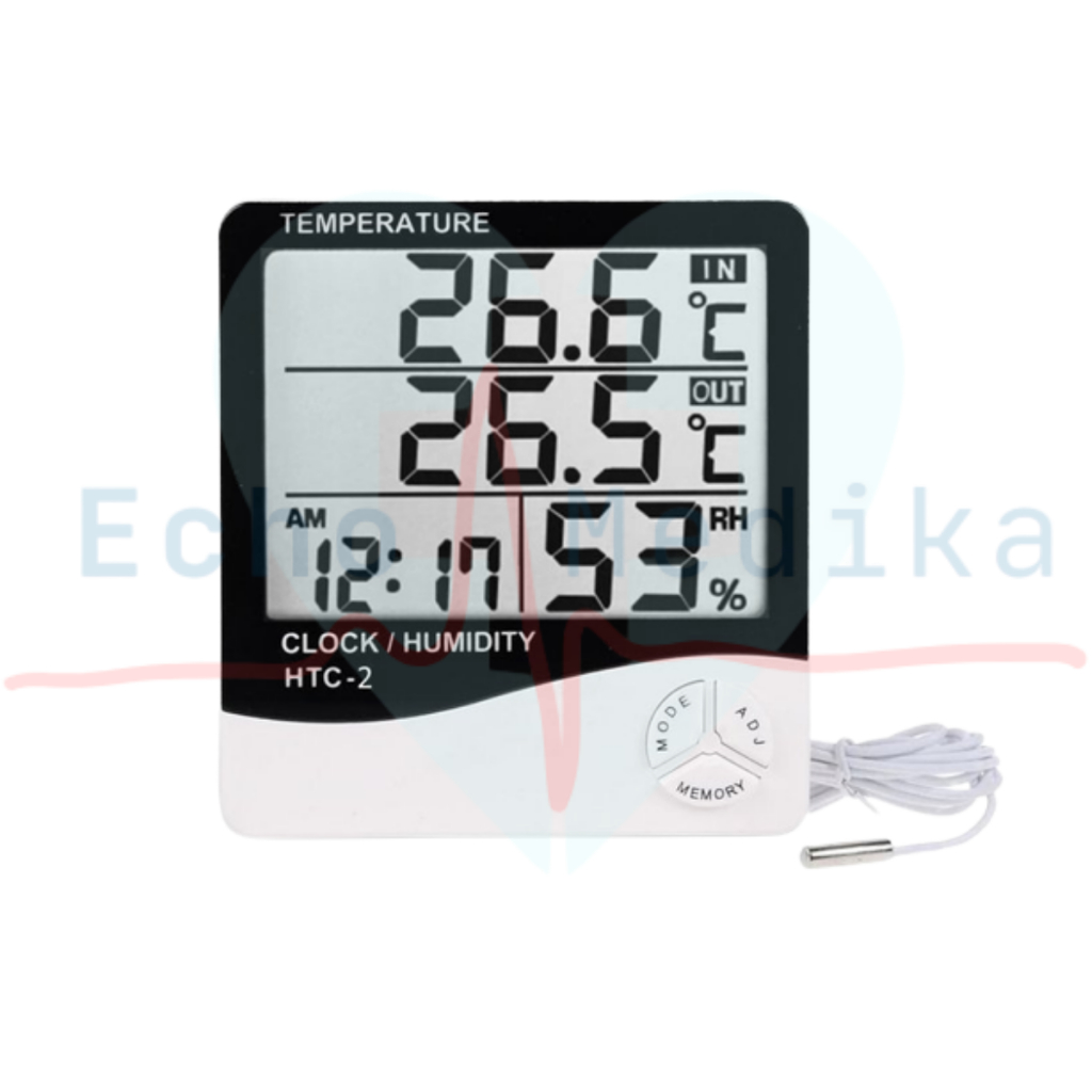 HTC-2 Thermometer, Hygrometer & Clock - Temperature, Humidity Meter - Termometer Ruangan