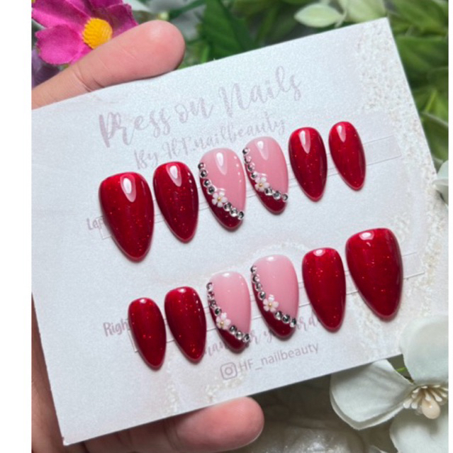 press on nail merah Maron gliter simple