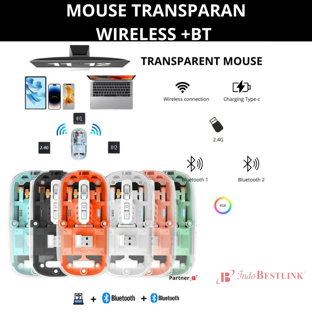 Rechargeable Transparent Wireless Bluetooth  Mouse Indobestlink