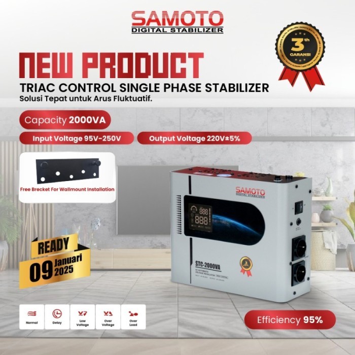 STABILIZER SAMOTO 2000VA STC2000 TRIAC CONTROL DIGITAL STAVOLT 2000VA SINGLE PHASE