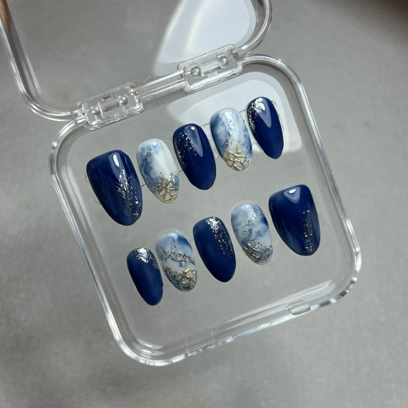 Navy Marble (M) | Press On Nails - By Synails.id