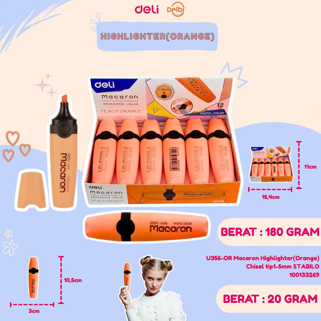 U356-OR Macaron Highlighter(Orange) Chisel tip1-5mm STABILO