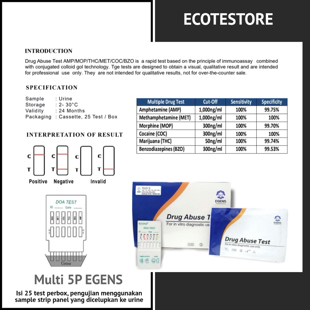 Multi Drug Abuse Test 5 Parameter EGENS (AMP/MOP/THC/BZO/MET)