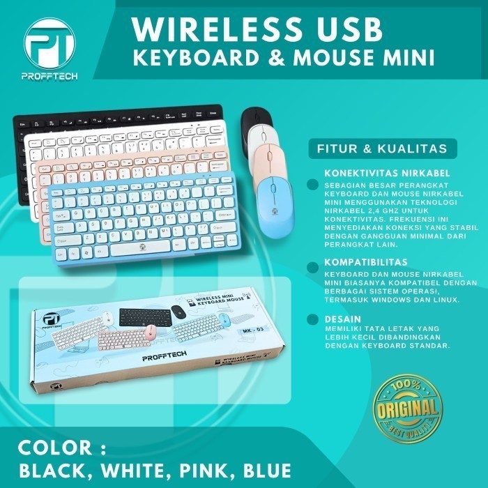 Paket Keyboard Mini Wireless + Mouse Wireless Silent Premium Original Profftech - White