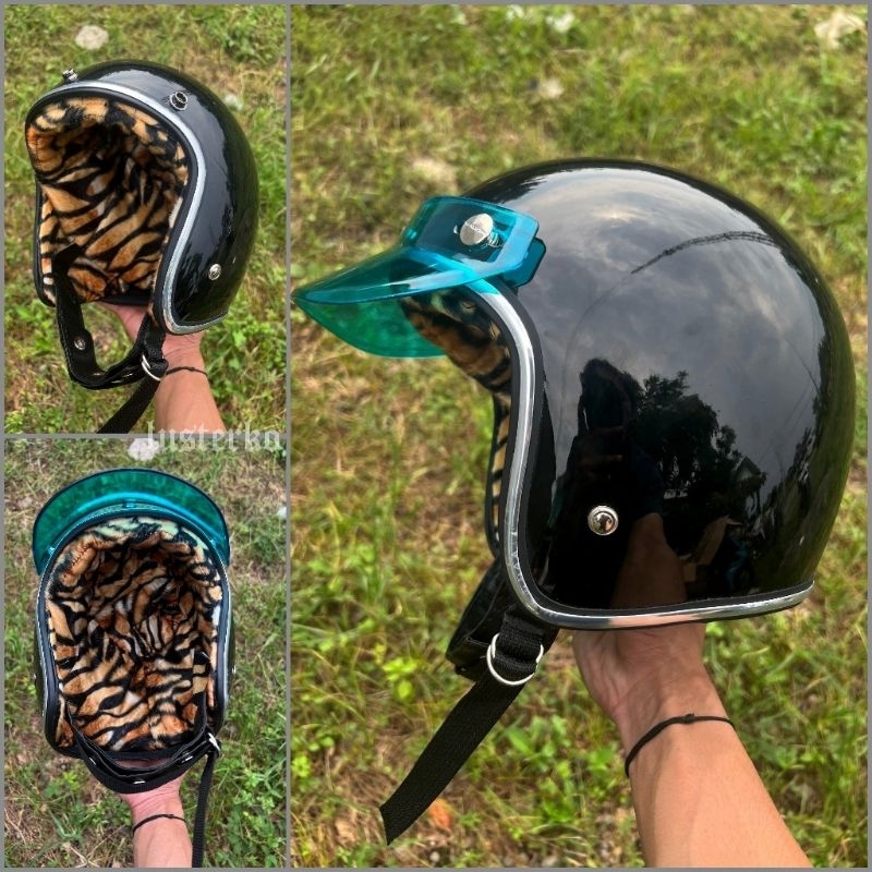 helm slim head hitam polos busa leopard
