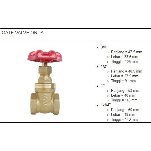 GATE VALVE  ONDA 1/2" 3/4" 1"