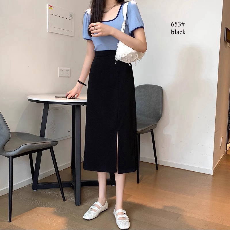 Rok Lady Import  Basic High Waist Rok Simple Black Midi Skirt Code : 653