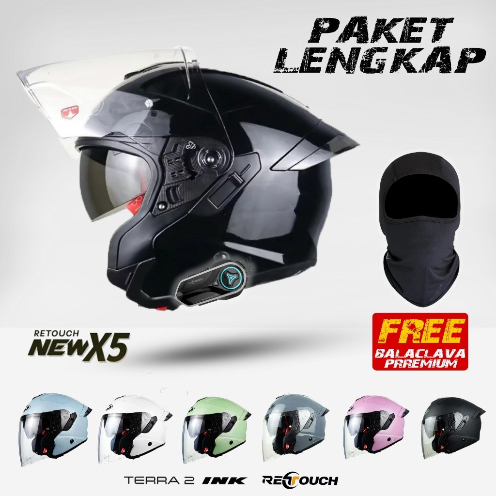 PAKET LENGKAP HELM INK TERRA 2 SOLID INCLUDE INTERCOME RETOUCH X5 NEW