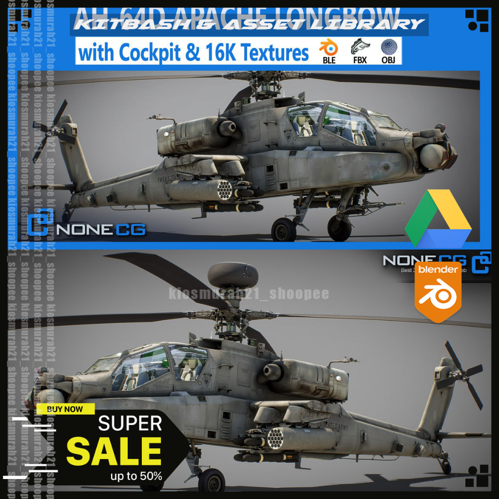 AH-64D Apache Longbow Helicopter with Cockpit Kitbash 3D Model Asset Library