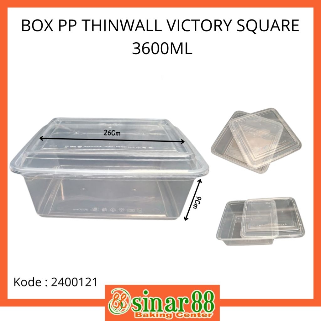 Box Pp Thinwall Victory Square 3600 Ml /Pak (5 Pcs )