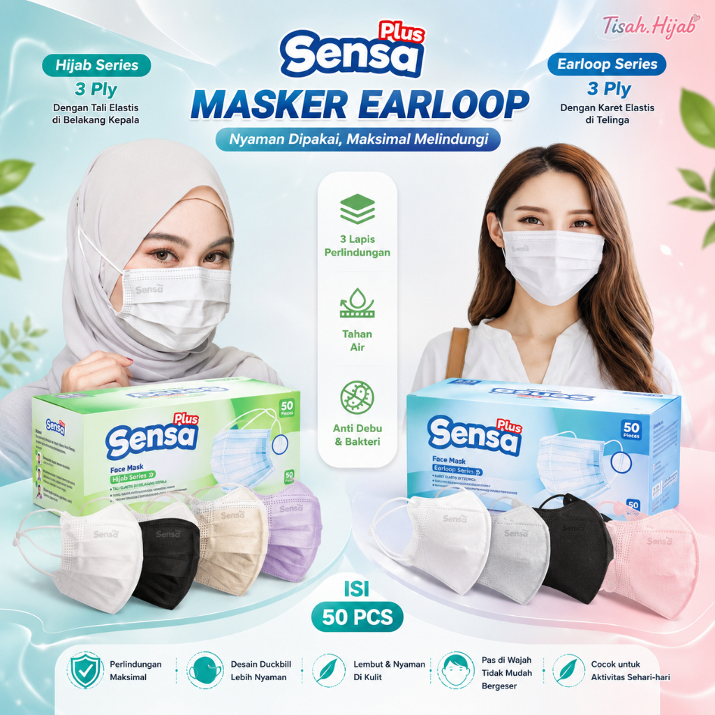 MASKER EARLOOP HEADLOOP 3PLY SENSA PLUS 1BOX ISI 50pcs