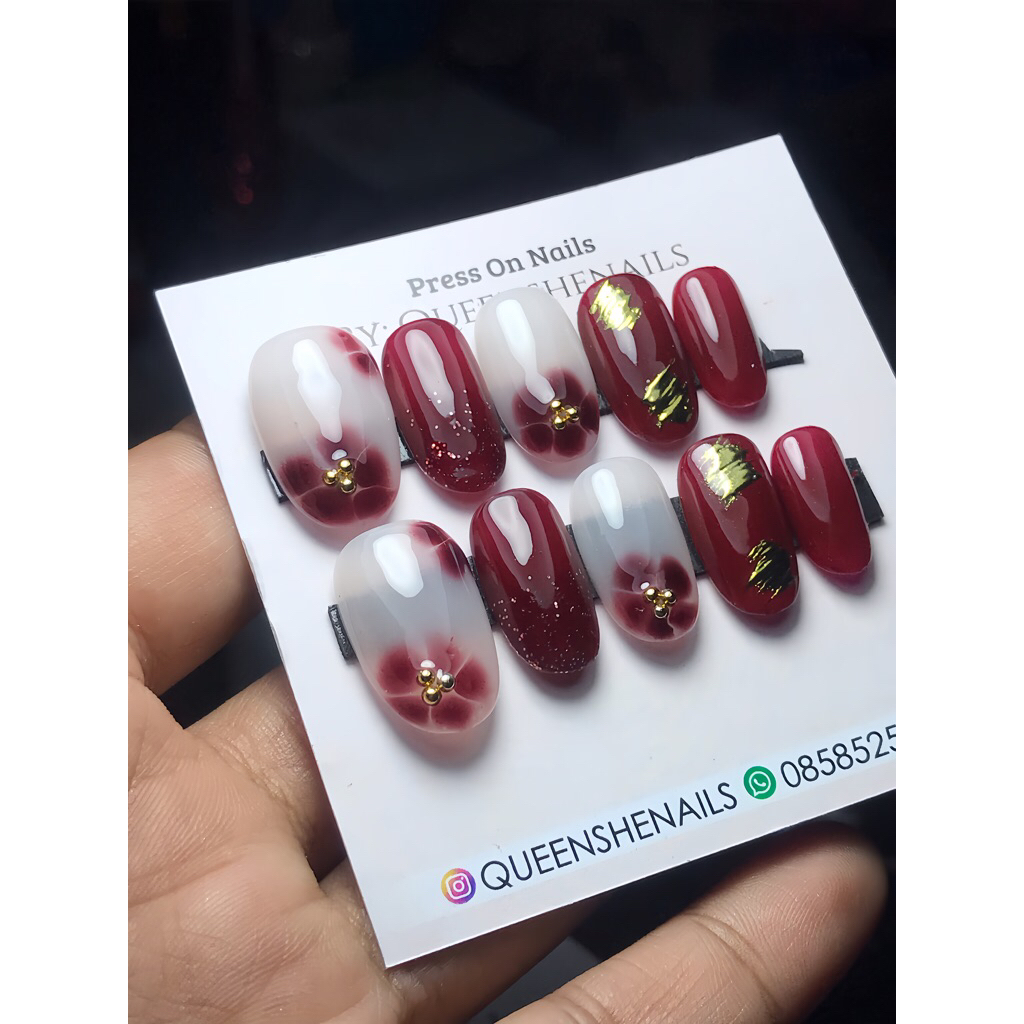 press on nails maroon bunga & crome