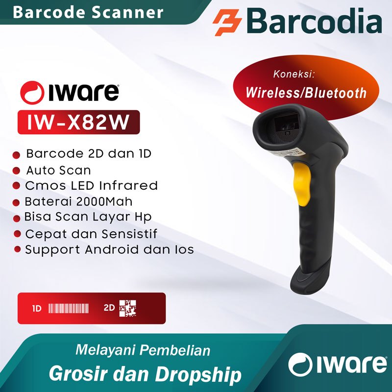 BARCODIA Barcode Scanner Usb Wireless Bluetooth 1D 2D Auto Scan Iware X82W
