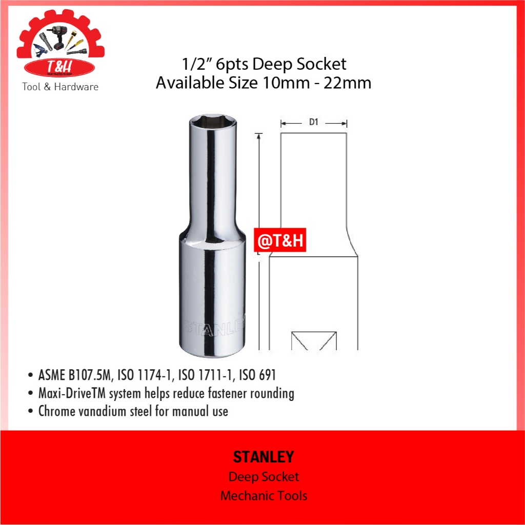 Stanley Deep Socket 1/2" 6pts Deep Socket 10mm / Mechanic Tools Available Size 10mm - 22mm