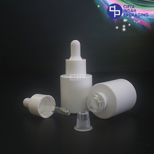 Botol Kaca Pipet 20ml Putih Solid Bahu Datar - Tutup Putih
