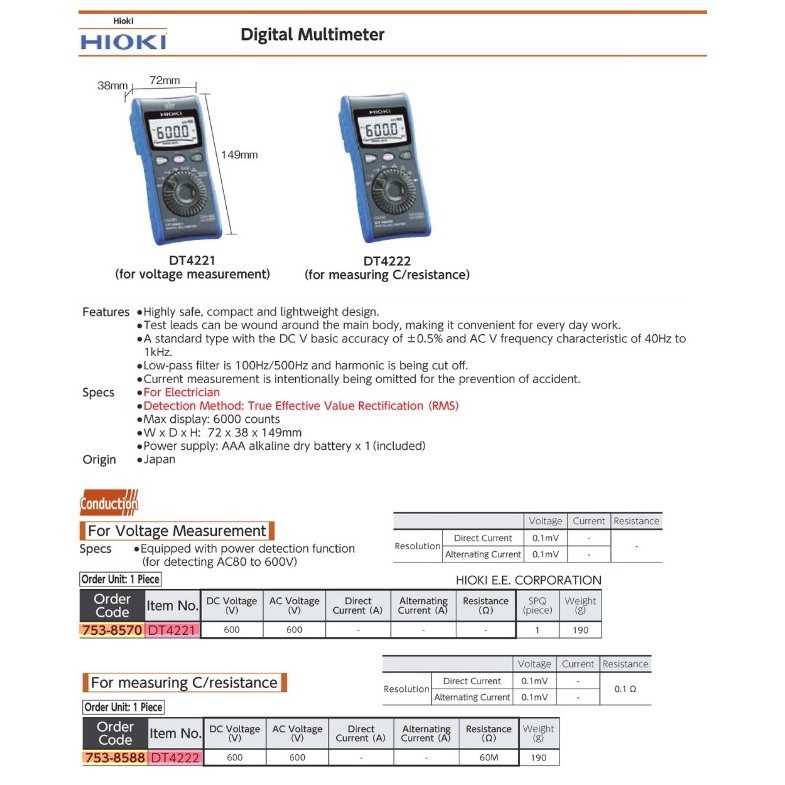 HIOKI Digital Multimeter DT4221