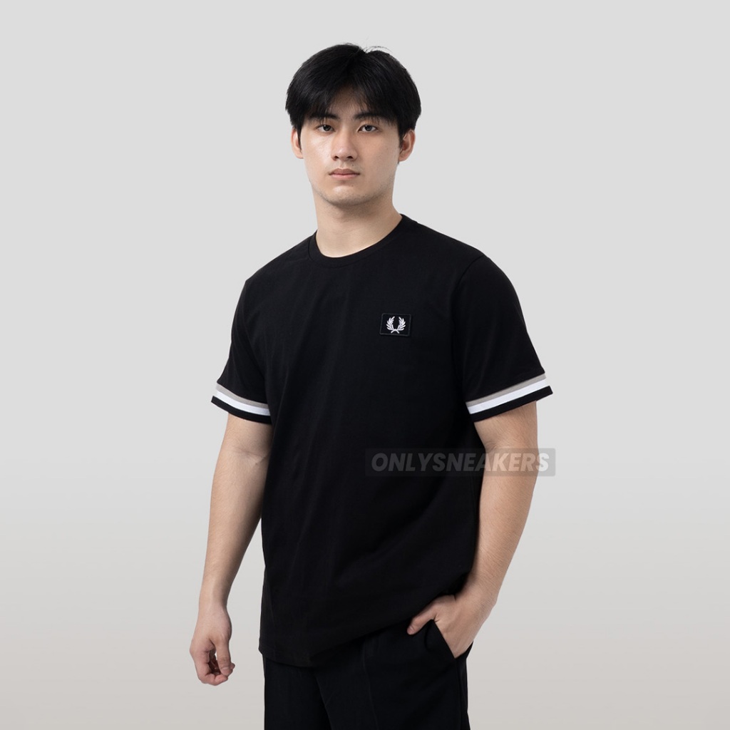 FRED PERRY PATCH PIQUE BOX LOGO LAUREL WREATH BLACK TEE