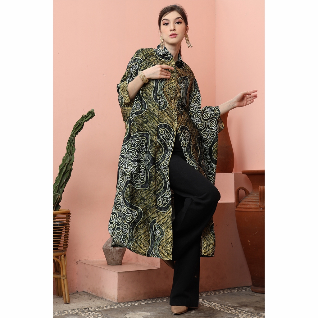 Kanzi Collection Green Collared Batik Button Kaftan