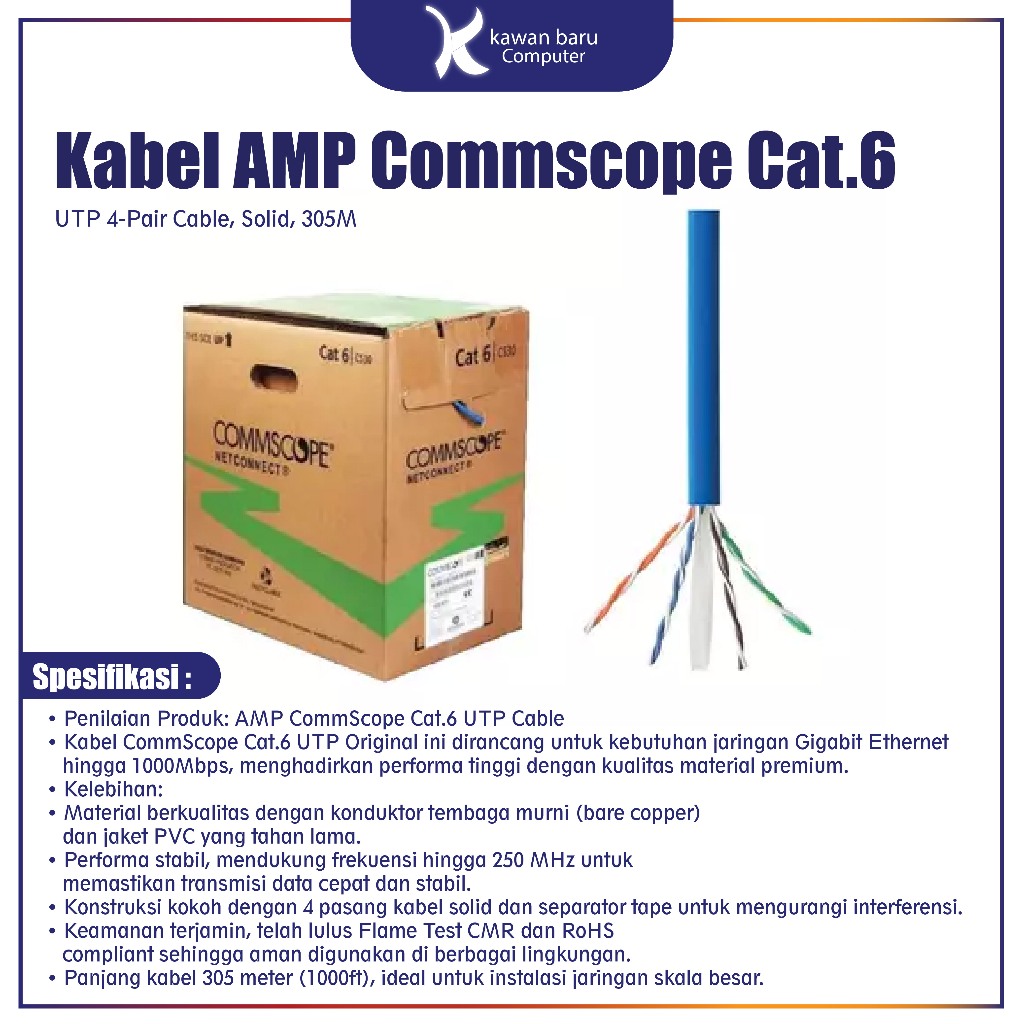 Kabel AMP Commscope Cat.6 UTP 4-Pair Cable, Solid, 305M bandung