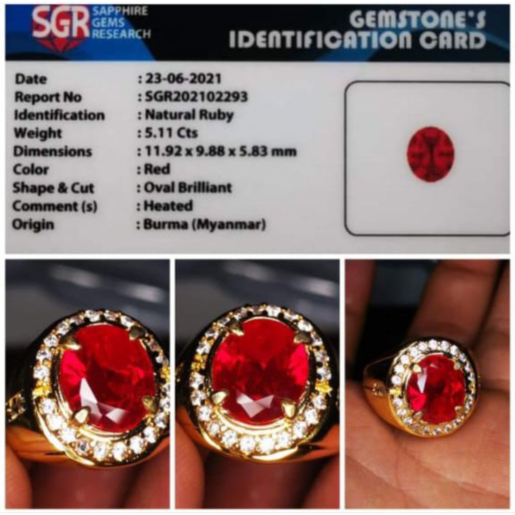 cincin batu permata red ruby + memo SGR Lab