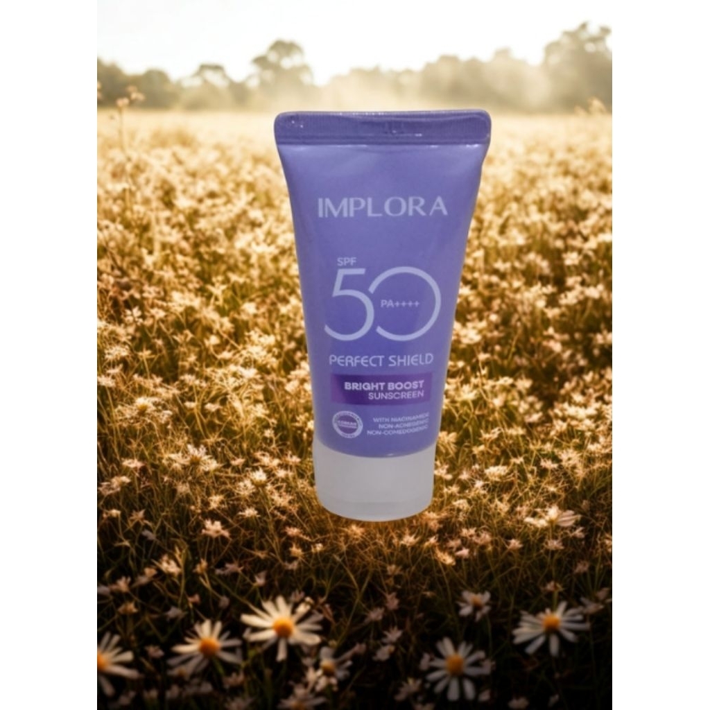 IMPLORA<br/>SPF<br/><br/>50<br/><br/>PA+++<br/><br/>PERFECT SHIELD<br/><br/>BRIGHT BOOST SUNSCREEN