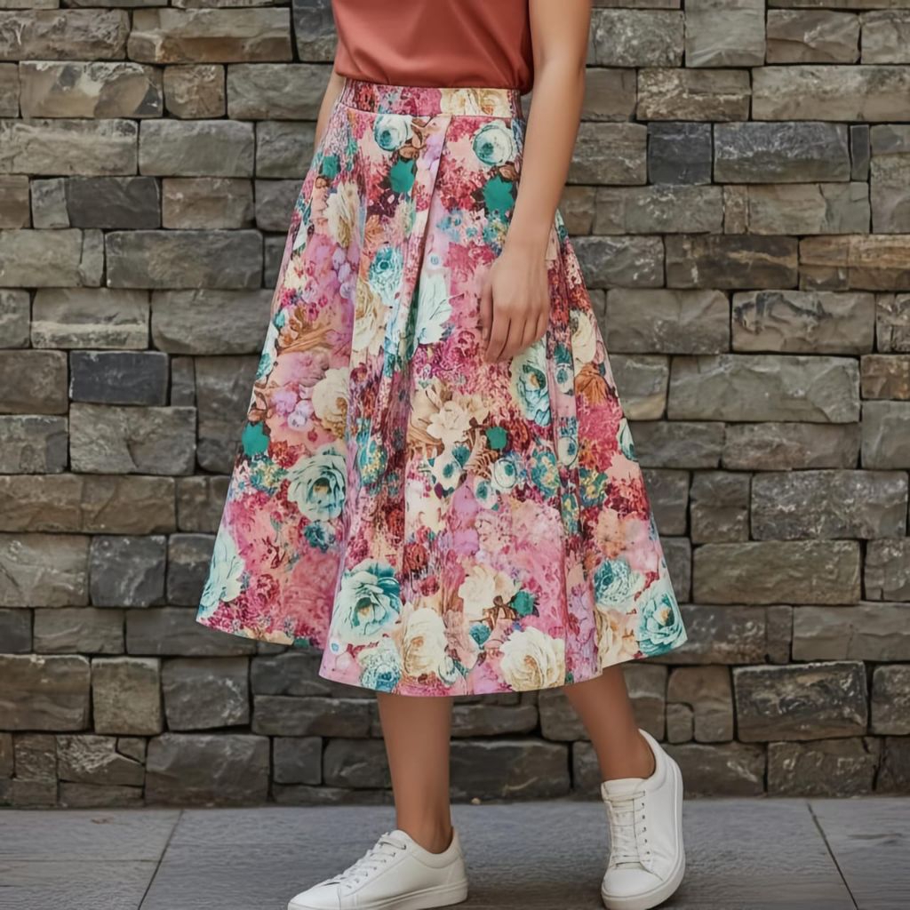 Rok midi 7/8  scuba  motif bunga