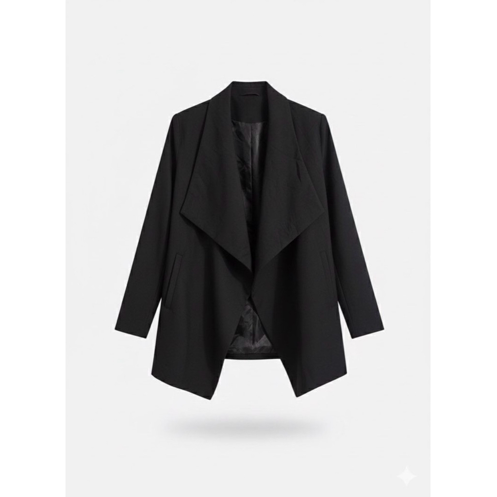 Black Waterfall Buttonless Blazer Versatile Drape Outerwear Multi Look Drapery Cardigan
