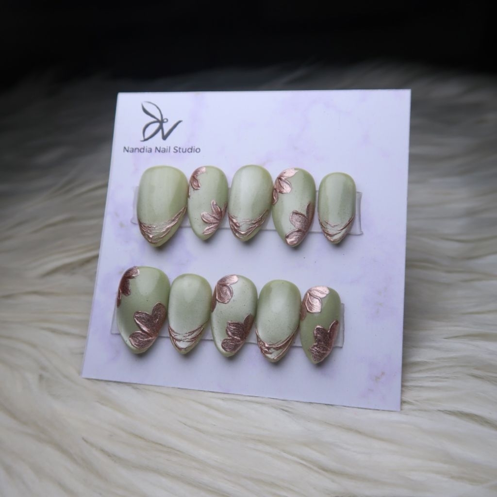 Press On Nails Cat Eye Hijau Bunga