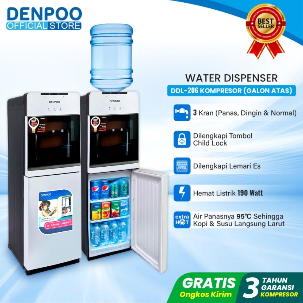 Denpoo Dispenser Galon Atas Dilengkapi Kulkas Compressor DDL 206