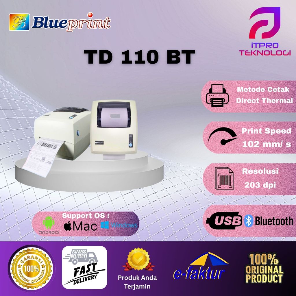 Printer Barcode Thermal Label Resi A6 Blueprint TD 110 BT Support iOS (USB + Bluetooth)