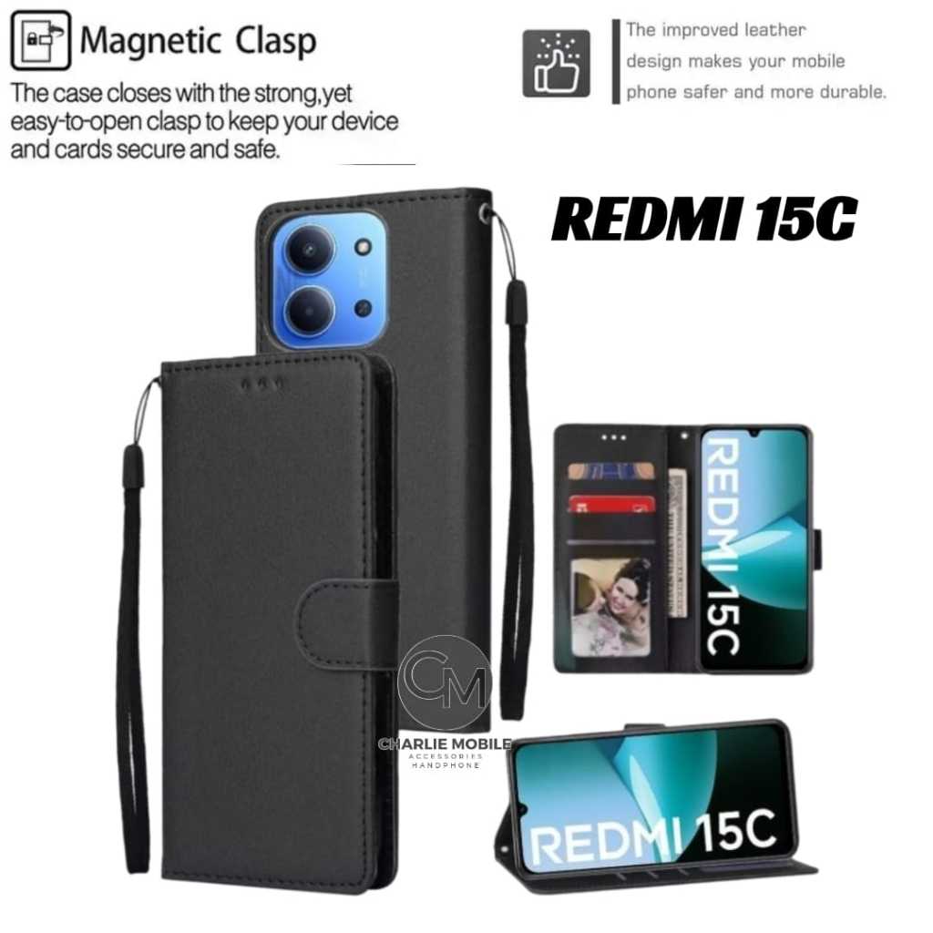 Flip Leather Case Redmi 15C Casing Dompet Kulit