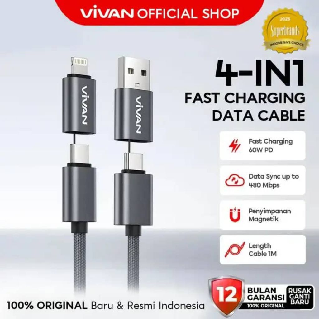 KABEL DATA VIVAN 4 IN 1 USB/TYPE C/IPHONE LIGHTNING VK22