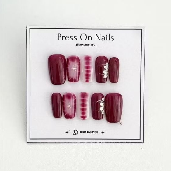 Press On Nails | Square Nails | Maroon Nails | Nails Design | Custom Nails