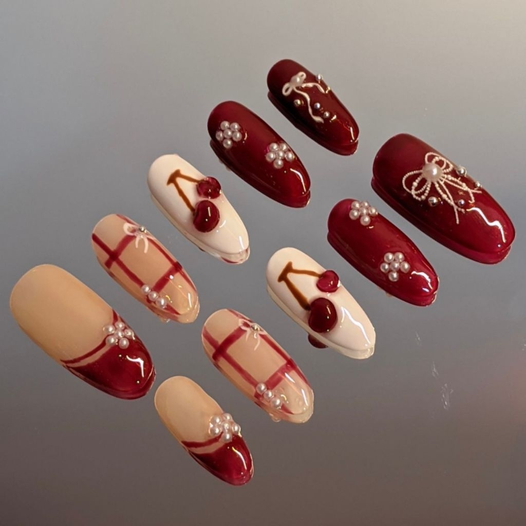 press on nails red cherry ribbon