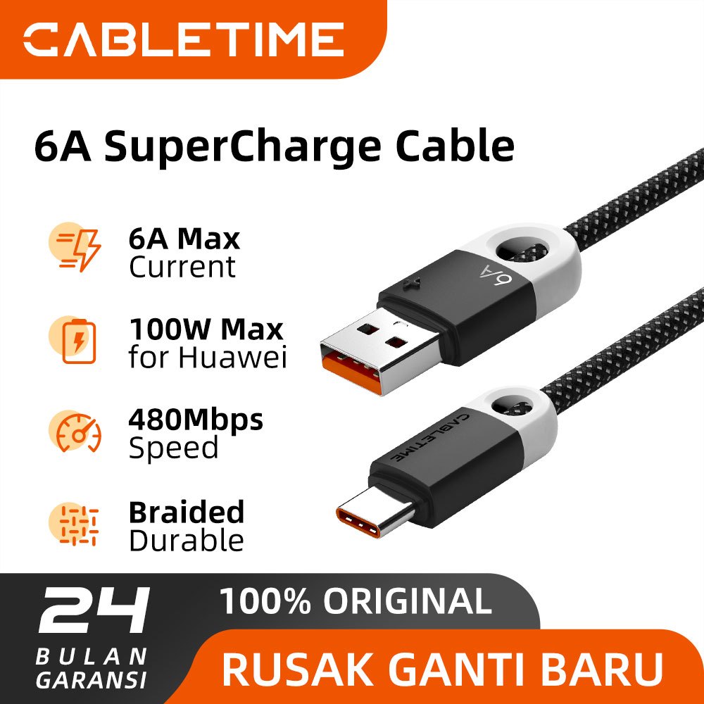 CABLETIME KABEL DATA USB TYPE C 6A FAST CHARGING SUPERCHARGE ANDROID MURAH