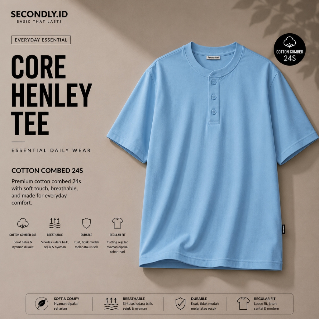 SECONDLY.ID Core Henley Tee | Regular Relaxed Fit Cotton Combed 24s